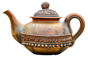 A large, ornate, brown tea pot with a gold lid sits - stock .. png