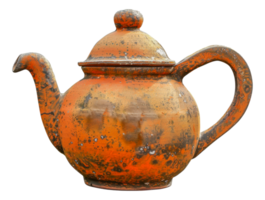 An old, rusty orange teapot with a lid sits - stock .. png