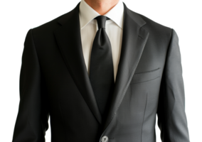 A man in a black suit and white shirt with a black tie - stock .. png