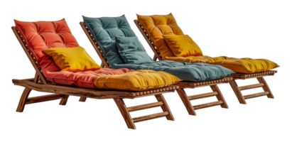 Wooden deck chairs with colorful cushions, cut out - stock .. png