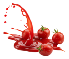 Fresh ripe tomatoes with a splash of red sauce on transparent background - stock .. png