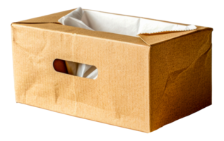 A brown cardboard box with a white plastic liner - stock .. png