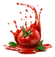 Fresh ripe tomatoes with a splash of red sauce on transparent background - stock .. png