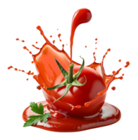 Fresh ripe tomatoes with a splash of red sauce on transparent background - stock .. png