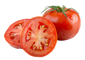 A tomato is cut in half and has a small drop of water on it - stock .. png
