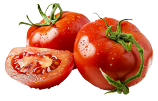 Three tomatoes are shown, one of which is cut in half - stock .. png