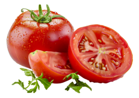 une tomate est Couper dans moitié et a une peu feuilles sur il - Stock .. png