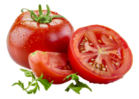 A tomato is cut in half and has a few leaves on it - stock .. png