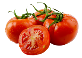 A tomato is cut in half and surrounded by four other whole tomatoes - stock .. png