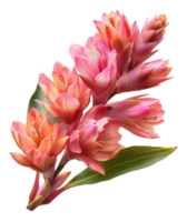 Pink tropical bromeliad flowers with lush leaves on transparent background - stock .. png