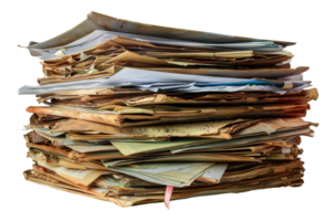 Stack of cluttered files and colorful paper, cut out - stock . png