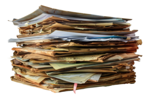 Stack of cluttered files and colorful paper, cut out - stock . png