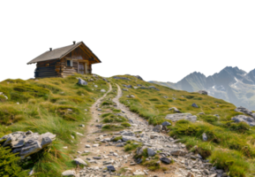 A small cabin is on a hillside with a dirt road leading to it - stock .. png