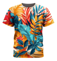Vibrant tropical pattern t-shirt with leaf design on transparent background - stock . png