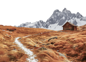 A mountain range with a cabin in the middle of the field - stock .. png