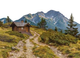 A cabin is on a dirt road in the mountains - stock .. png