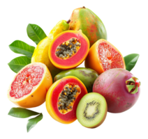 Exotic tropical fruit assortment with fresh leaves on transparent background - stock .. png