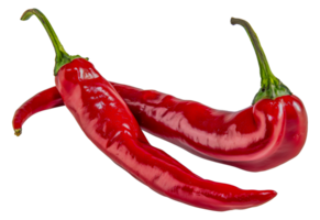 Two red peppers are shown with their stems still attached - stock .. png