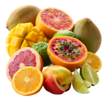 Assortment of tropical fruits with fresh water droplets on transparent background - stock .. png