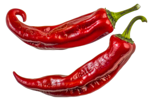 Two red peppers are shown with their stems still attached - stock .. png