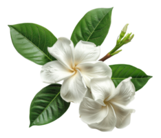 Pure white frangipani flowers with lush green leaves on transparent background - stock .. png