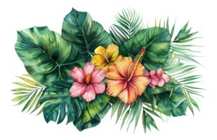 Watercolor tropical flowers and foliage arrangement on transparent background - stock . png