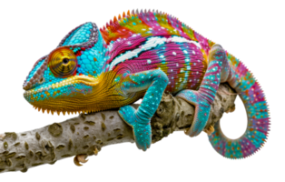 Colorful chameleon on branch, cut out - stock . png