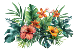 Watercolor tropical flowers and foliage arrangement on transparent background - stock . png