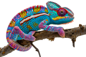 Colorful chameleon on branch, cut out - stock . png