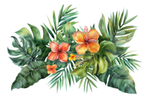 Watercolor tropical flowers and foliage arrangement on transparent background - stock . png