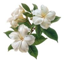 Pure white frangipani flowers with lush green leaves on transparent background - stock .. png
