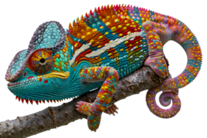 Colorful chameleon on branch, cut out - stock . png