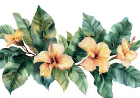 Watercolor tropical flowers and foliage arrangement on transparent background - stock . png