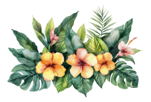 Watercolor tropical flowers and foliage arrangement on transparent background - stock . png