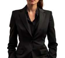 A woman in a black suit jacket and black shirt - stock .. png