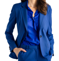 un mujer en un azul traje y azul camisa poses para un foto - valores .. png