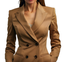 un mujer es vistiendo un bronceado chaqueta con un blanco tanque parte superior debajo - valores .. png
