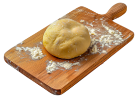 A piece of dough sits on a wooden cutting board - stock .. png