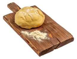 A piece of bread is sitting on a wooden cutting board with a pile of flour on th - stock .. png