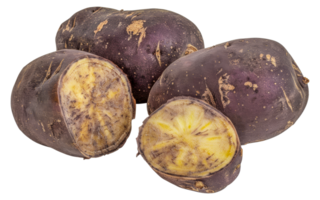 een bundel van Purper aardappelen met een van hen besnoeiing in voor de helft - voorraad .. png