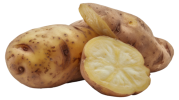 A potato is cut in half and has a few brown spots on it - stock .. png