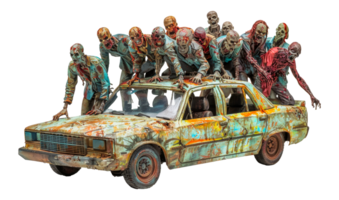 grupo de zombies rodeando antiguo auto, cortar fuera - valores .. png