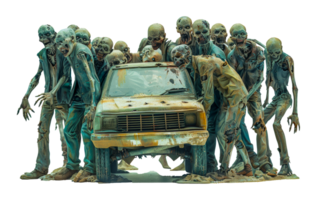 Group of zombies surrounding old car, cut out - stock .. png