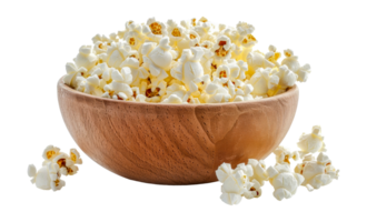 Natural wooden bowl of fresh popcorn, cut out - stock . png