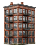 Classic brick apartment building with fire escape, cut out - stock .. png