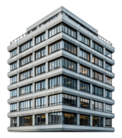 Curved modern office building exterior at dusk, cut out - stock . png