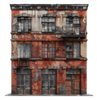 Distressed old brick building with damaged facade, cut out - stock . png