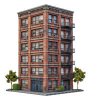 Classic brick residential building with fire escape, cut out - stock .. png