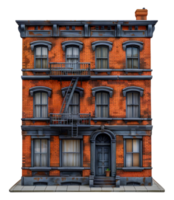 Traditional red brick tenement building with fire escape, cut out - stock .. png