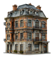 Majestic Victorian brick mansion with turret and balconies, cut out - stock .. png